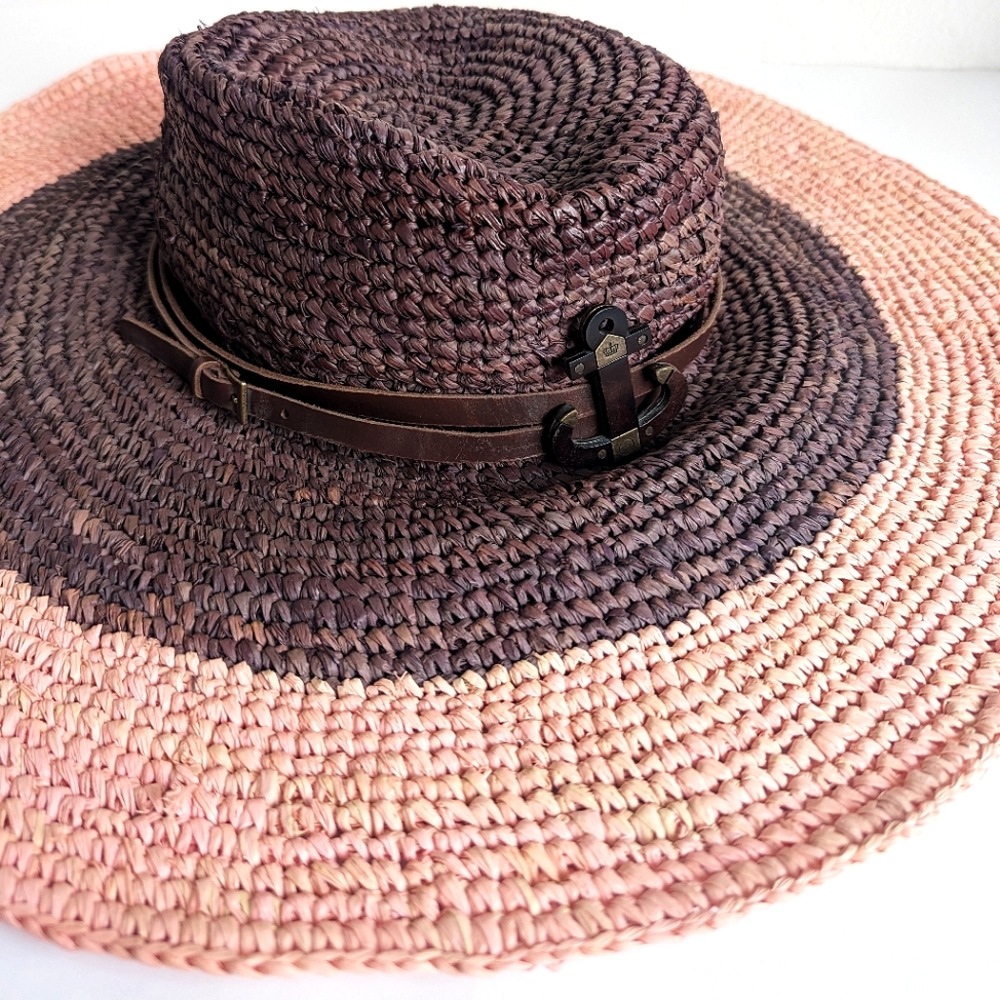 Juicy Couture Floppy Straw Hat 🥰 Chocolate Brown & Peachy Nude Pink w/ Leather